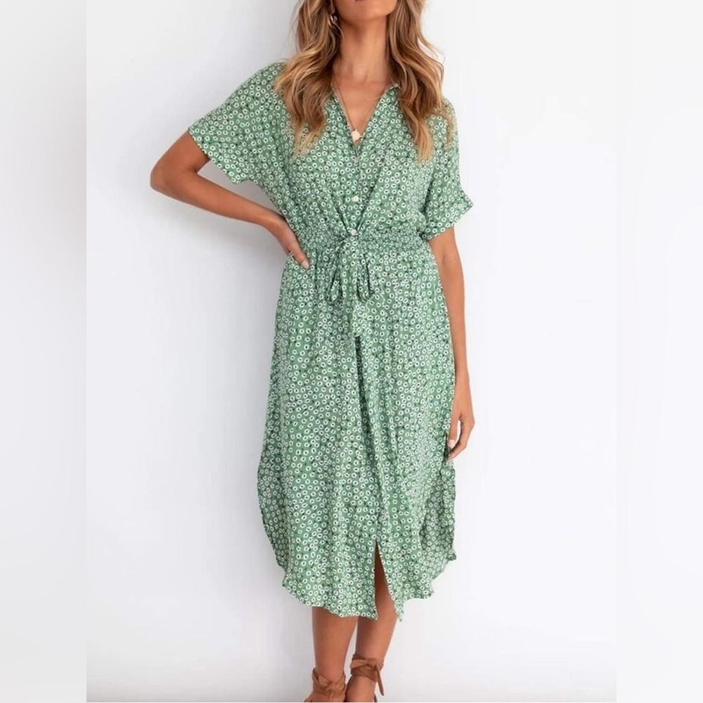 Green Ditsy Floral Front Tie Midi Dress